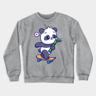 Cute Panda Holding Bamboo On Skateboard Cartoon Crewneck Sweatshirt